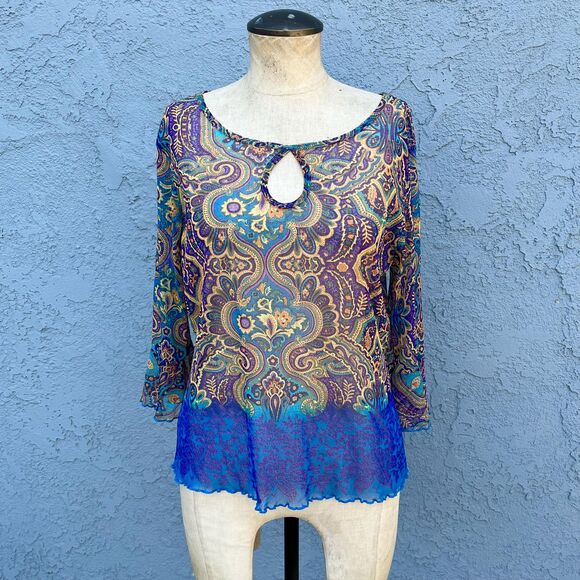 Womens Y2k Sheer Blouse in L/XL Paisley print club kid - Picture 2 of 7